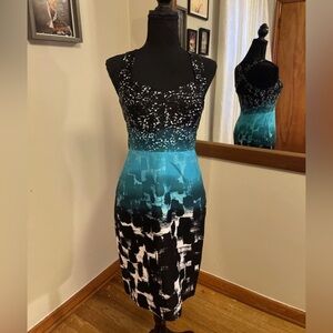 NWOT Calvin Klein Black White Turquoise Aqua Sheath Dress Size 6